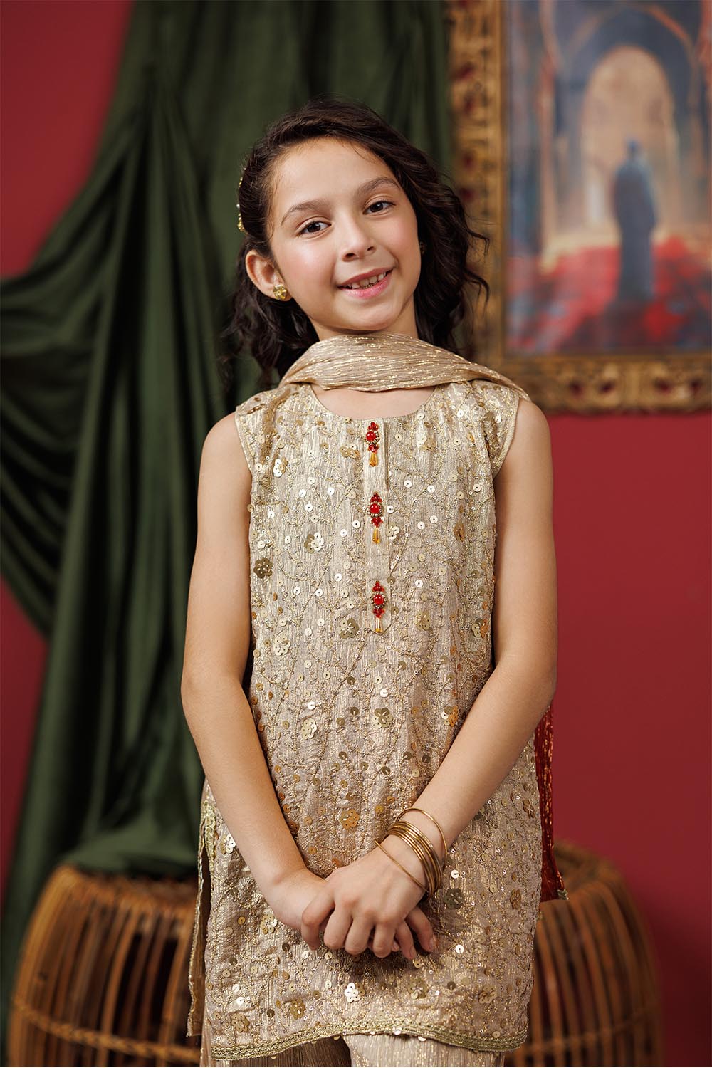 Senorita Kids RTW Kids formal clothes Beige and Gold Formal 3 Piece Suit Polyester Shimmer Crinkle KDD-03055 - Summer Collection