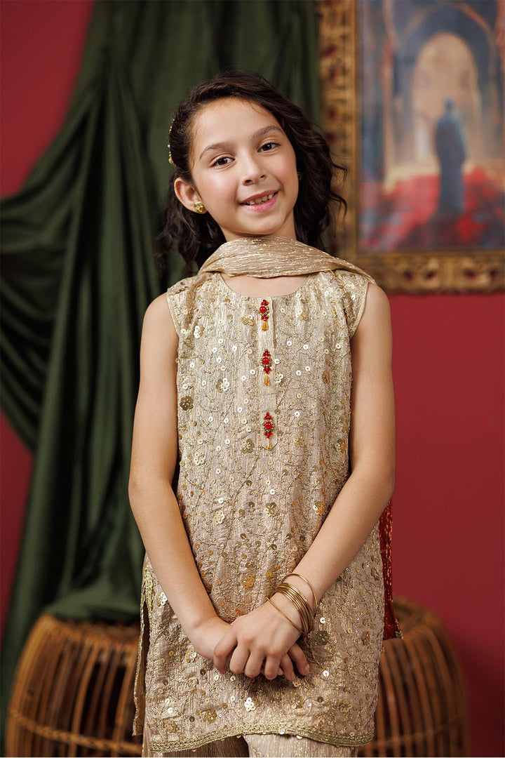 Senorita Kids RTW Kids formal clothes Beige and Gold Formal 3 Piece Suit Polyester Shimmer Crinkle KDD-03055 - Summer Collection
