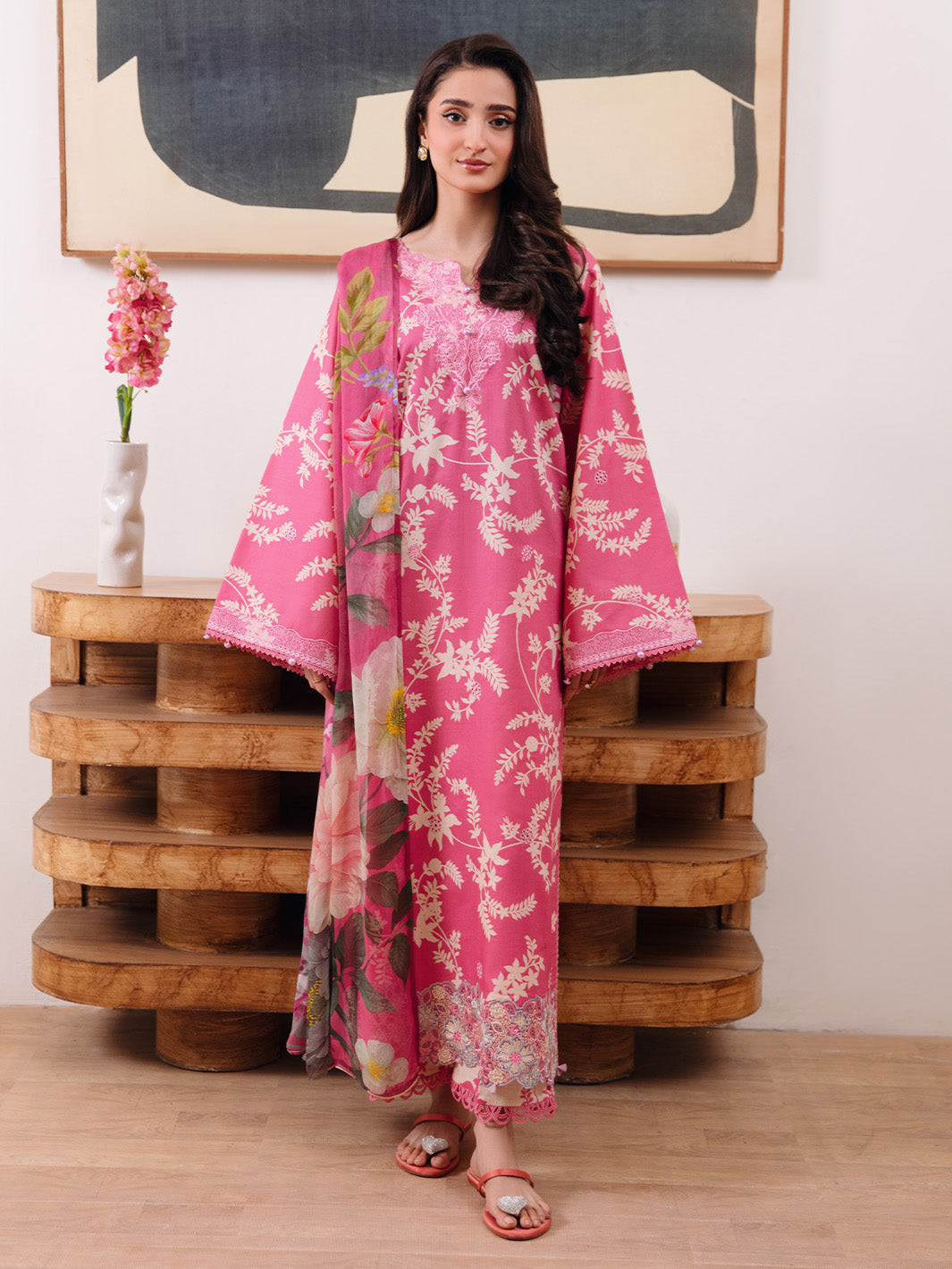 Femmora by Yards Unstitched Embroidered Lawn 3 Piece Suit Coral Dust Casual Collection