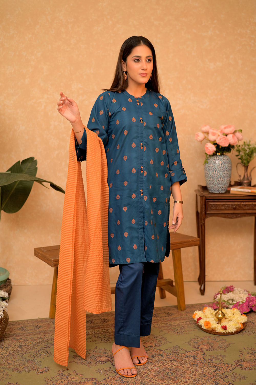 Senorita Women RTW Women Printed Blue and Orange Casual 3 Piece Suit Cotton Jacquard LAD-02919 - Summer Collection