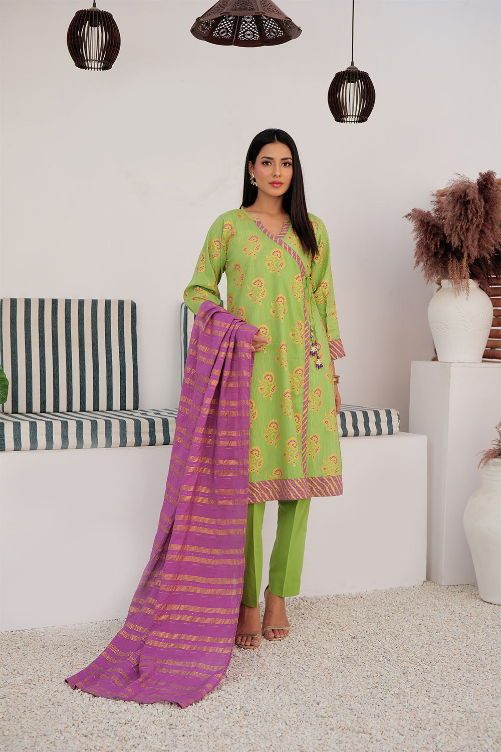 Senorita Women RTW Women Embroidered Parrot Green and Multicolor Casual Plus 3 Piece Suit Cotton Dye over Gold LBD-03021 - Summer Collection