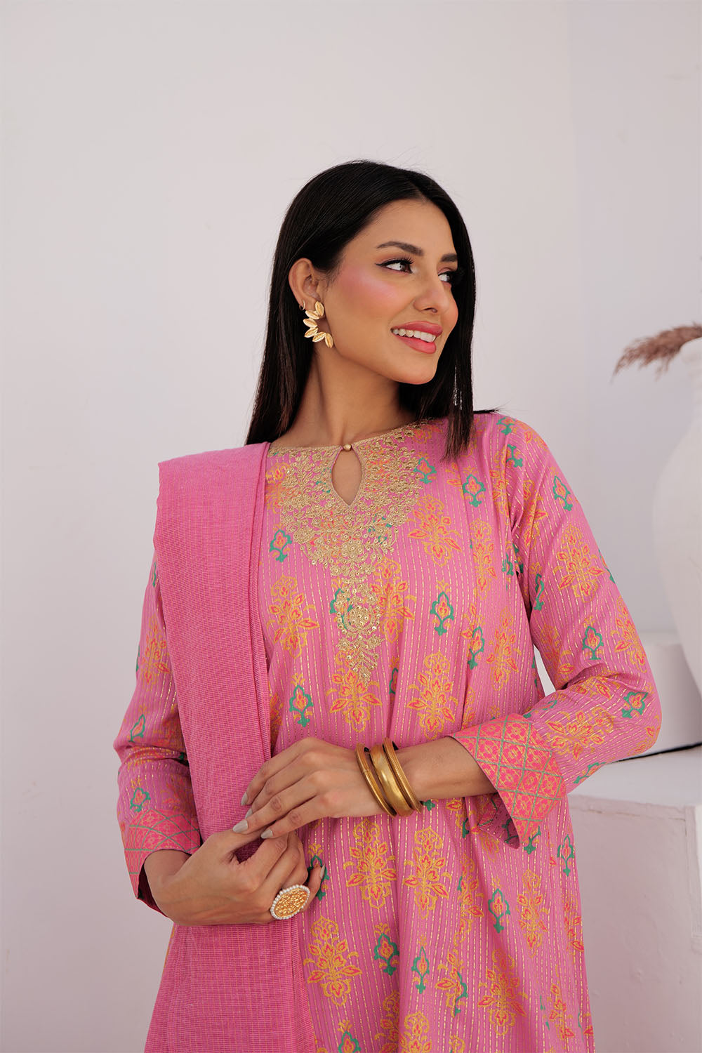 Senorita Women RTW Women Embroidered T.Pink and MultiColor Casual Plus 3 Piece Suit Cotton Dobby Dye over Gold LBD-02991 - Summer Collection