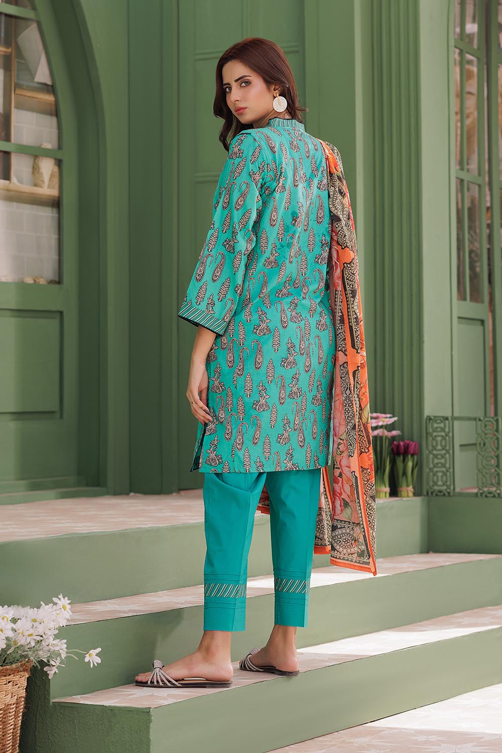 Senorita Women RTW Women Sea Green and Multicolor Casual 3 Piece Suit Cotton Lawn Printed LAD-03077 - Summer Collection