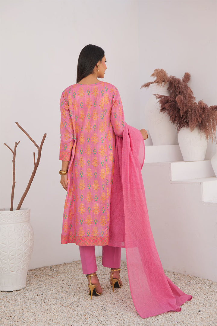 Senorita Women RTW Women Embroidered T.Pink and MultiColor Casual Plus 3 Piece Suit Cotton Dobby Dye over Gold LBD-02991 - Summer Collection