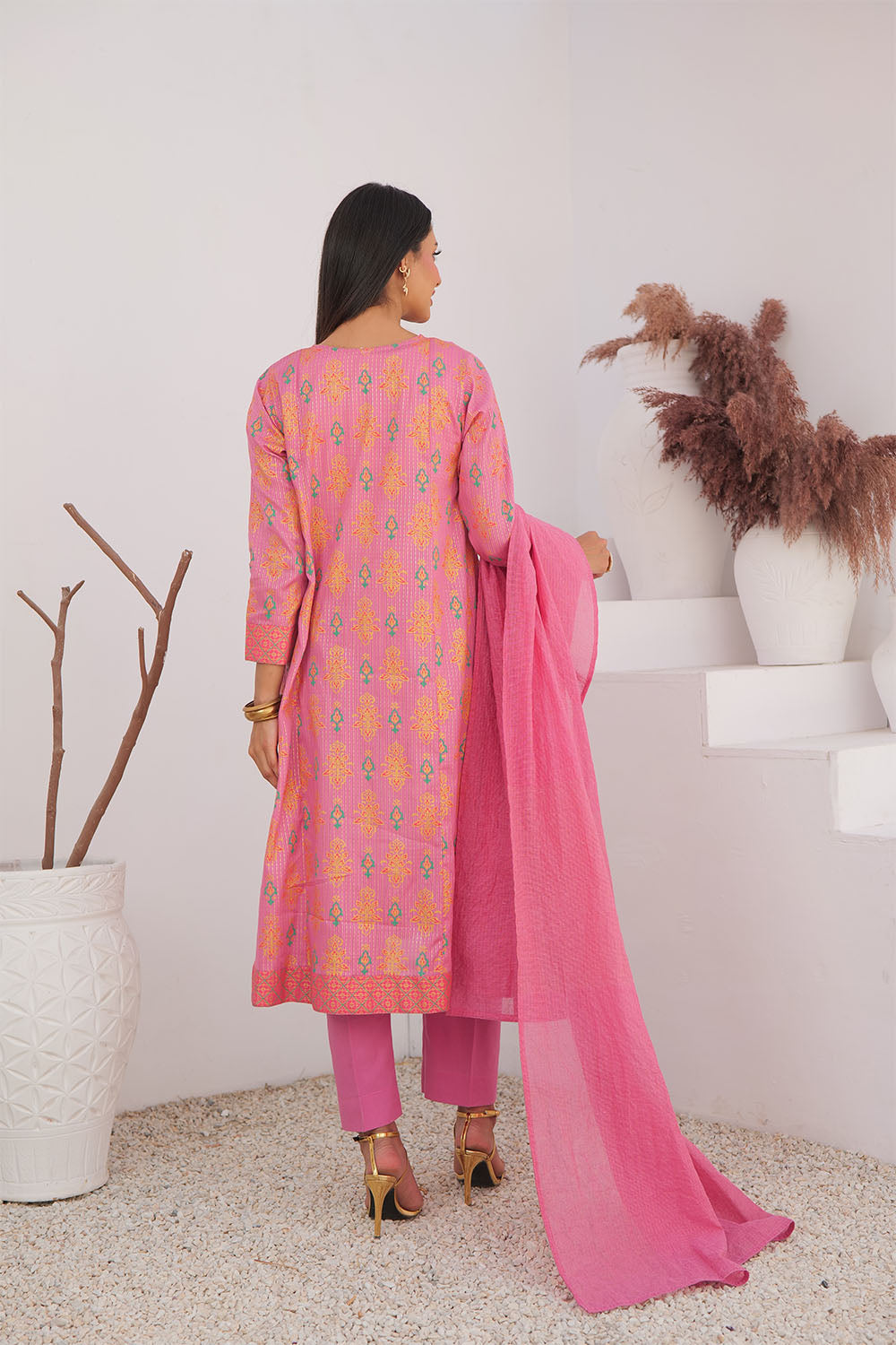 Senorita Women RTW Women Embroidered T.Pink and MultiColor Casual Plus 3 Piece Suit Cotton Dobby Dye over Gold LBD-02991 - Summer Collection