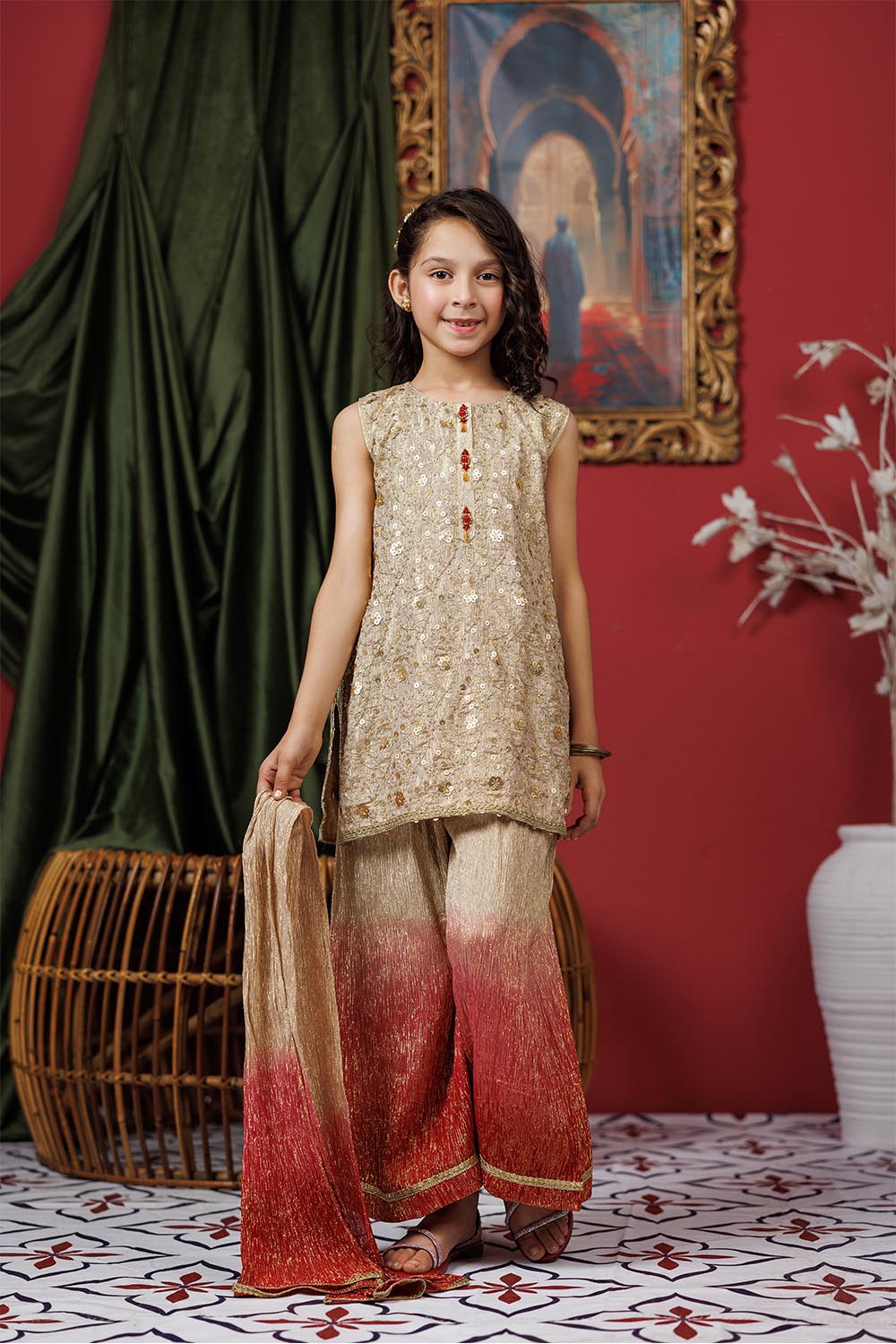 Senorita Kids RTW Kids formal clothes Beige and Gold Formal 3 Piece Suit Polyester Shimmer Crinkle KDD-03055 - Summer Collection
