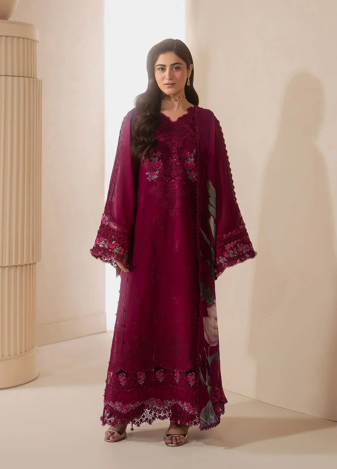 E-Craft by Elaf Unstitched Embroidered Lawn 3 Piece Suit EHC-4A Garnet - Casual Collection
