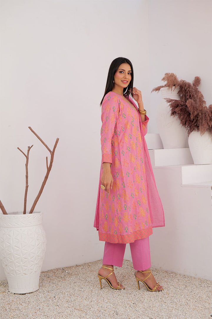 Senorita Women RTW Women Embroidered T.Pink and MultiColor Casual Plus 3 Piece Suit Cotton Dobby Dye over Gold LBD-02991 - Summer Collection