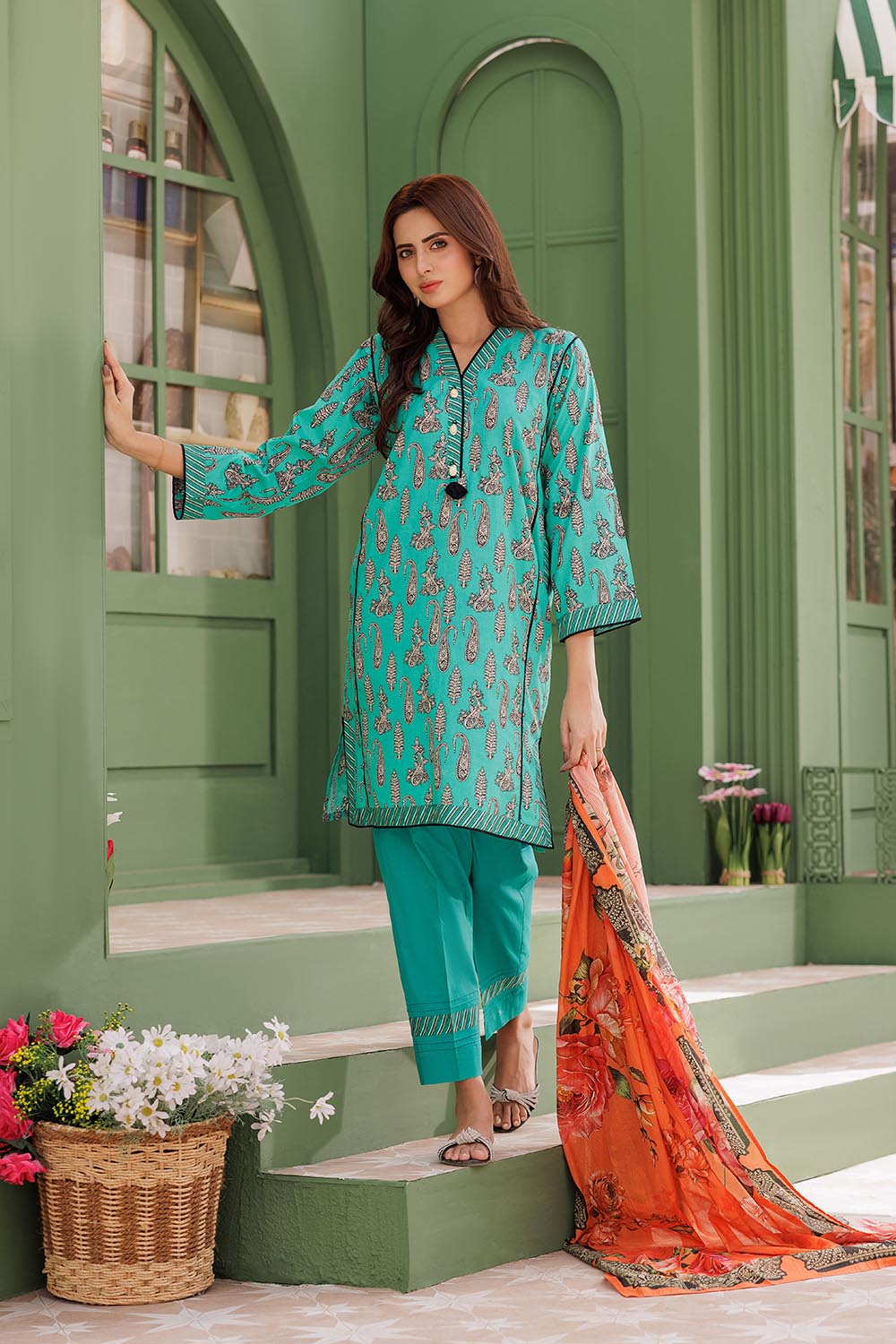 Senorita Women RTW Women Sea Green and Multicolor Casual 3 Piece Suit Cotton Lawn Printed LAD-03077 - Summer Collection
