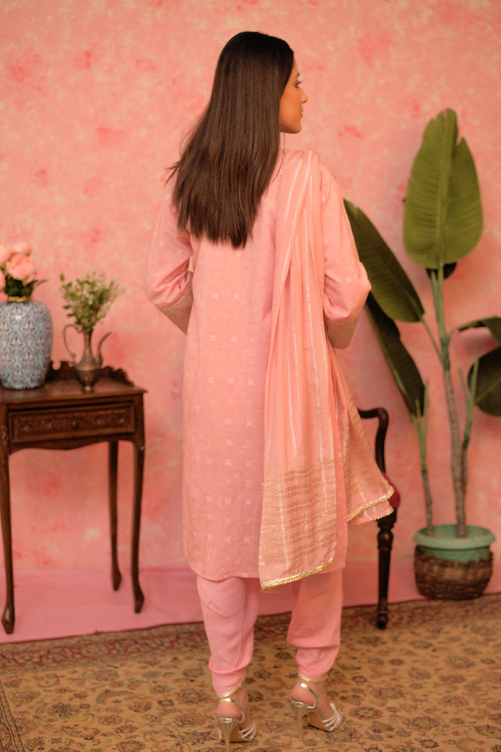 Senorita Women RTW Women Solids Pink and Gold Casual Plus 3 Piece Suit Cotton Viscose Filament Jacquard LBD-02893 - Winter Collection