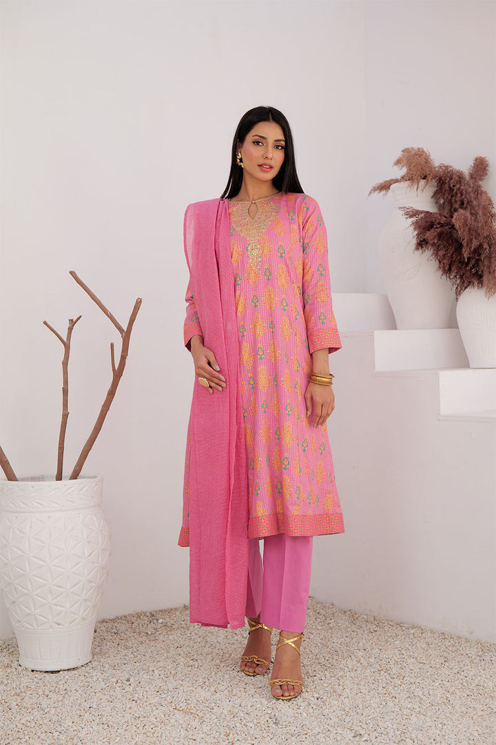 Senorita Women RTW Women Embroidered T.Pink and MultiColor Casual Plus 3 Piece Suit Cotton Dobby Dye over Gold LBD-02991 - Summer Collection