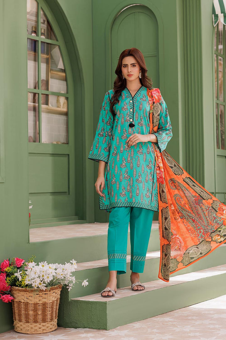 Senorita Women RTW Women Sea Green and Multicolor Casual 3 Piece Suit Cotton Lawn Printed LAD-03077 - Summer Collection