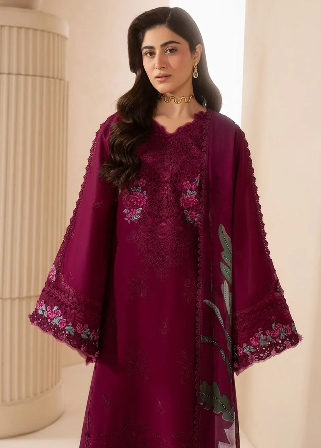 E-Craft by Elaf Unstitched Embroidered Lawn 3 Piece Suit EHC-4A Garnet - Casual Collection