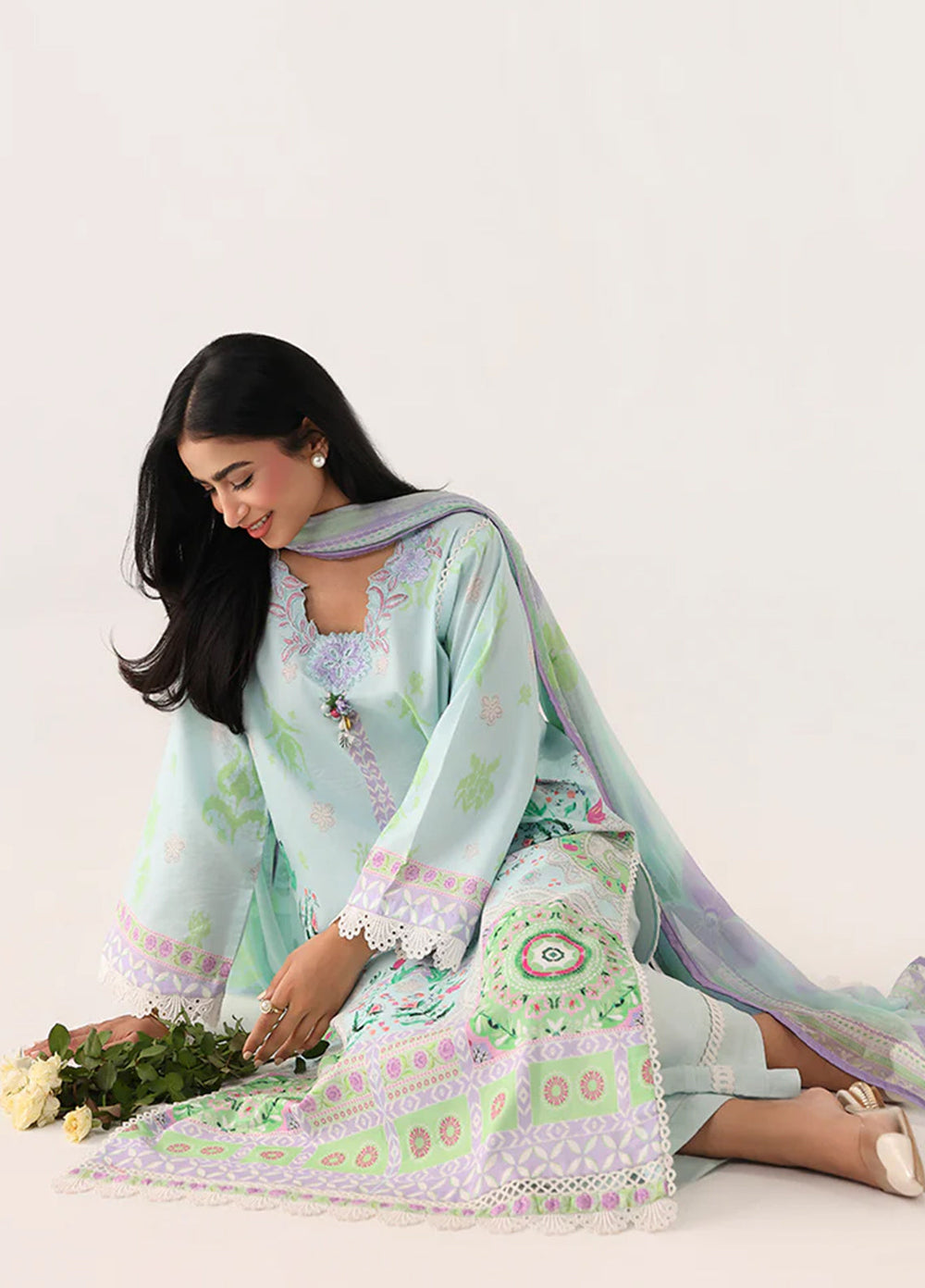 Rosette by Roheenaz Unstitched Lawn Embroidered 3 Piece Suit RNZ26UR Cool Mirage-3B - Summer Collection