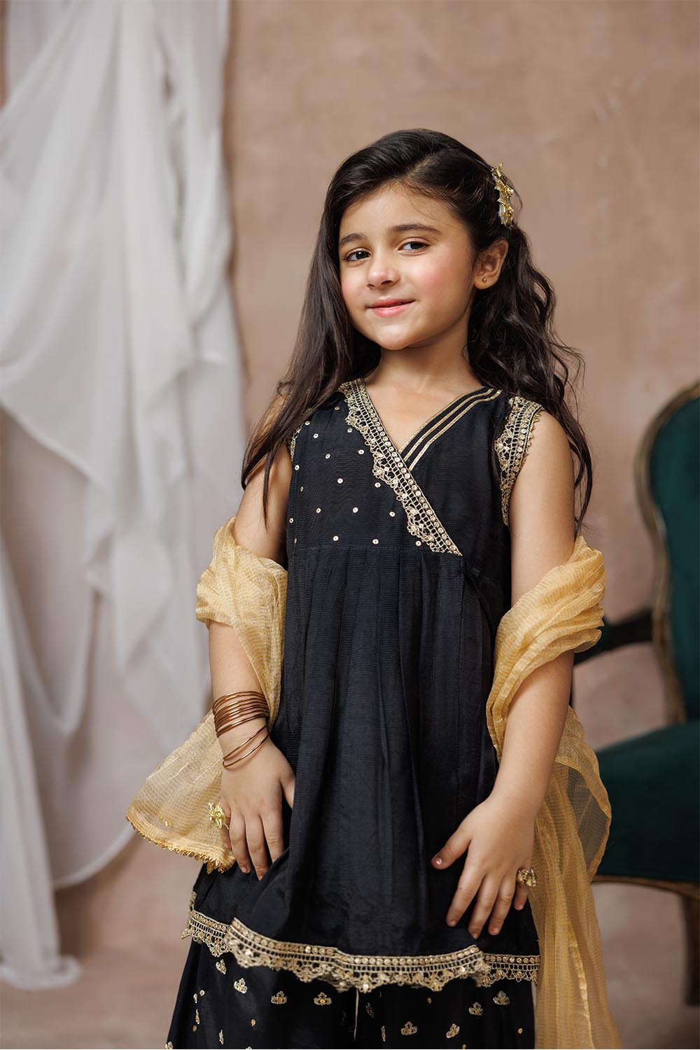 Senorita Kids RTW Black and Gold Formal 3 Piece Suit Viscose Raw Silk KDD-03018 - Winter Collection