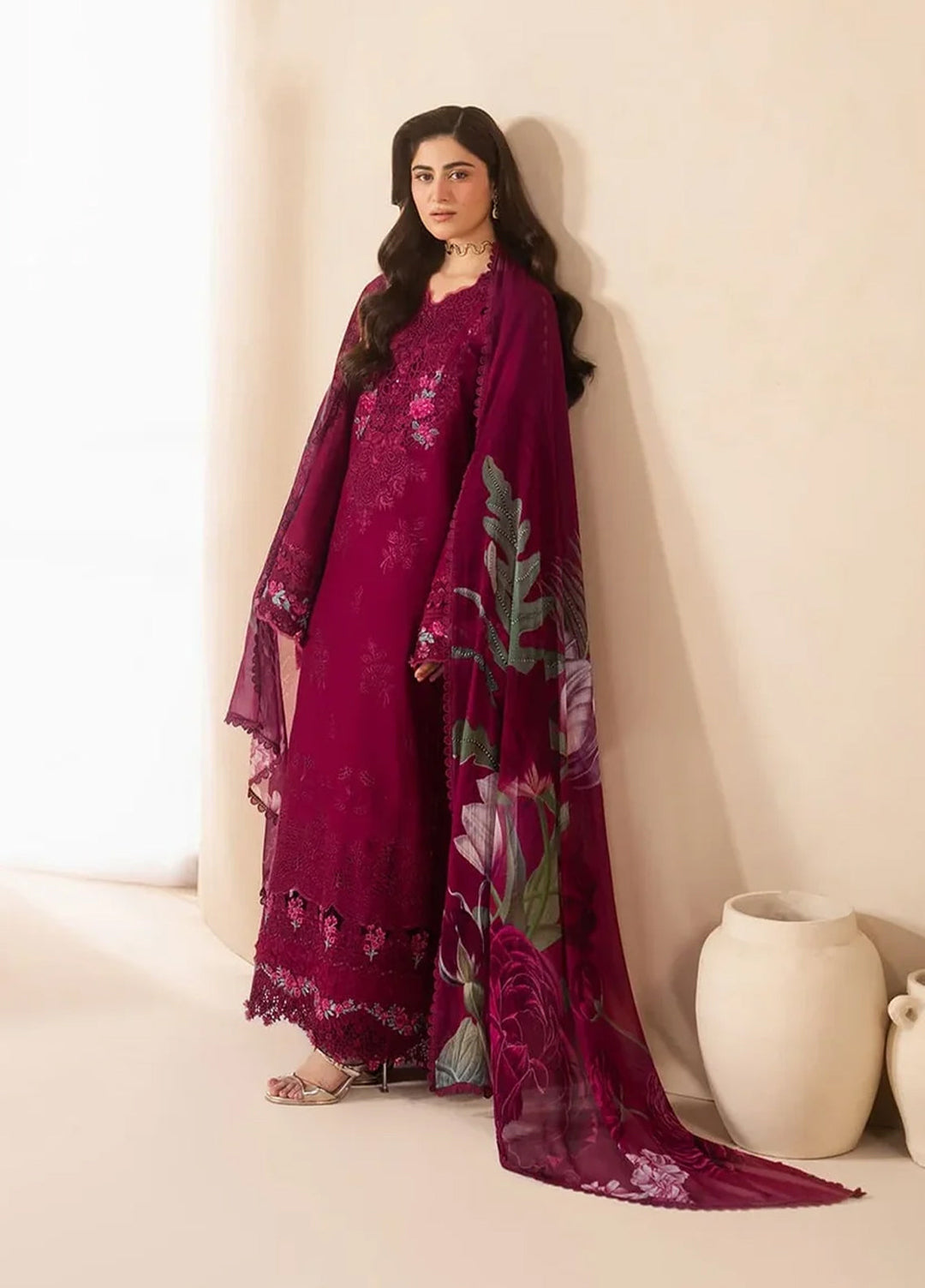 E-Craft by Elaf Unstitched Embroidered Lawn 3 Piece Suit EHC-4A Garnet - Casual Collection