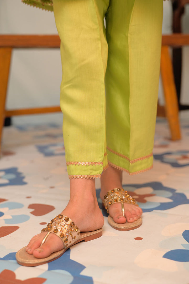 Senorita Kids RTW Parrot Green and Multicolor Casual Plus 3 Piece Suit Viscose Filament Jacquard KBD-02916 - Summer Collection