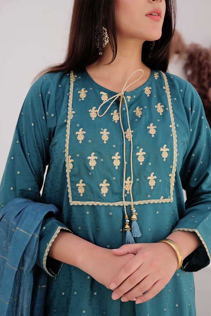 Senorita Women RTW Women Solids Turqouise Green and Gold Casual Plus 3 Piece Suit Cotton Viscose Filament Jacquard LBD-02709 - Winter Collection