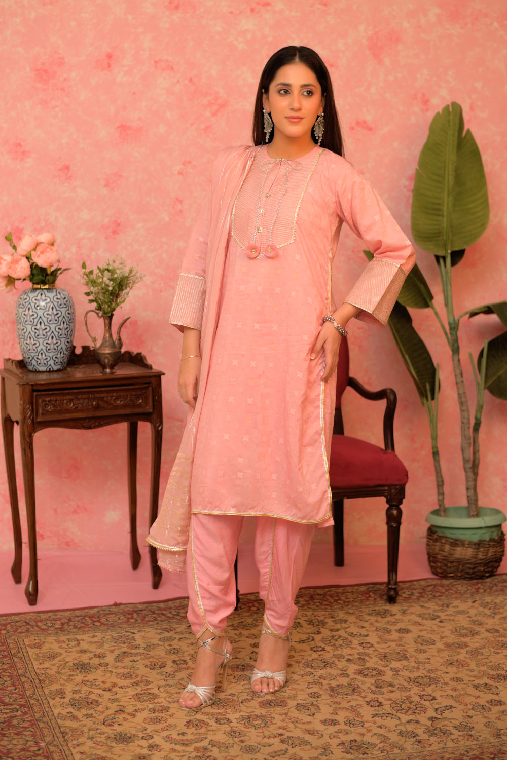 Senorita Women RTW Women Solids Pink and Gold Casual Plus 3 Piece Suit Cotton Viscose Filament Jacquard LBD-02893 - Winter Collection