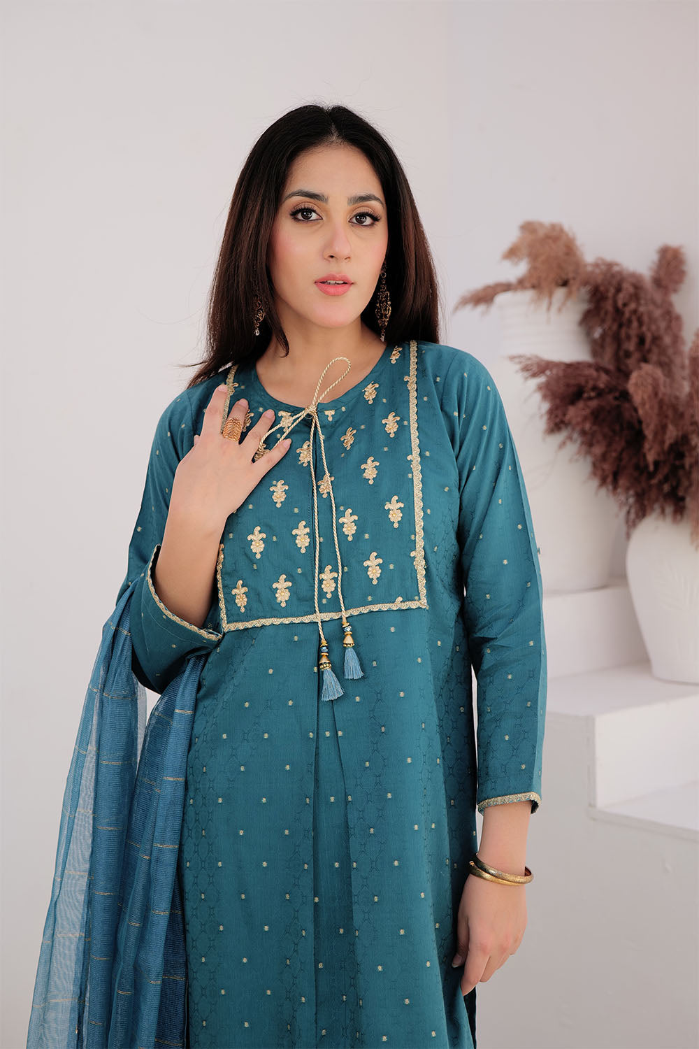 Senorita Women RTW Women Solids Turqouise Green and Gold Casual Plus 3 Piece Suit Cotton Viscose Filament Jacquard LBD-02709 - Winter Collection