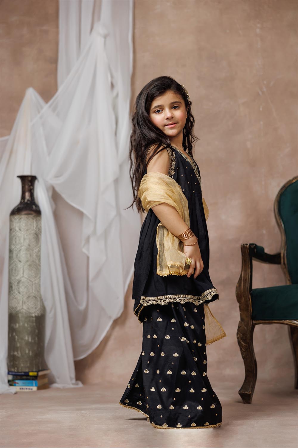 Senorita Kids RTW Black and Gold Formal 3 Piece Suit Viscose Raw Silk KDD-03018 - Winter Collection