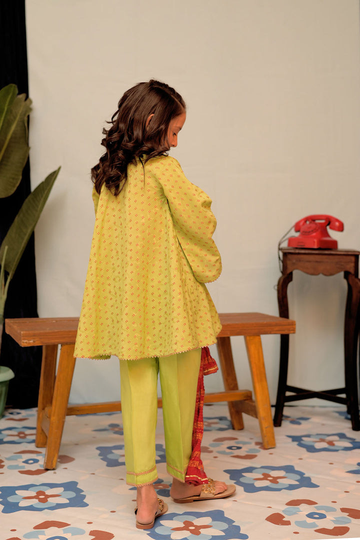 Senorita Kids RTW Parrot Green and Multicolor Casual Plus 3 Piece Suit Viscose Filament Jacquard KBD-02916 - Summer Collection