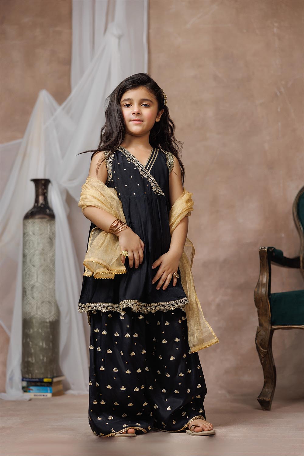 Senorita Kids RTW Black and Gold Formal 3 Piece Suit Viscose Raw Silk KDD-03018 - Winter Collection