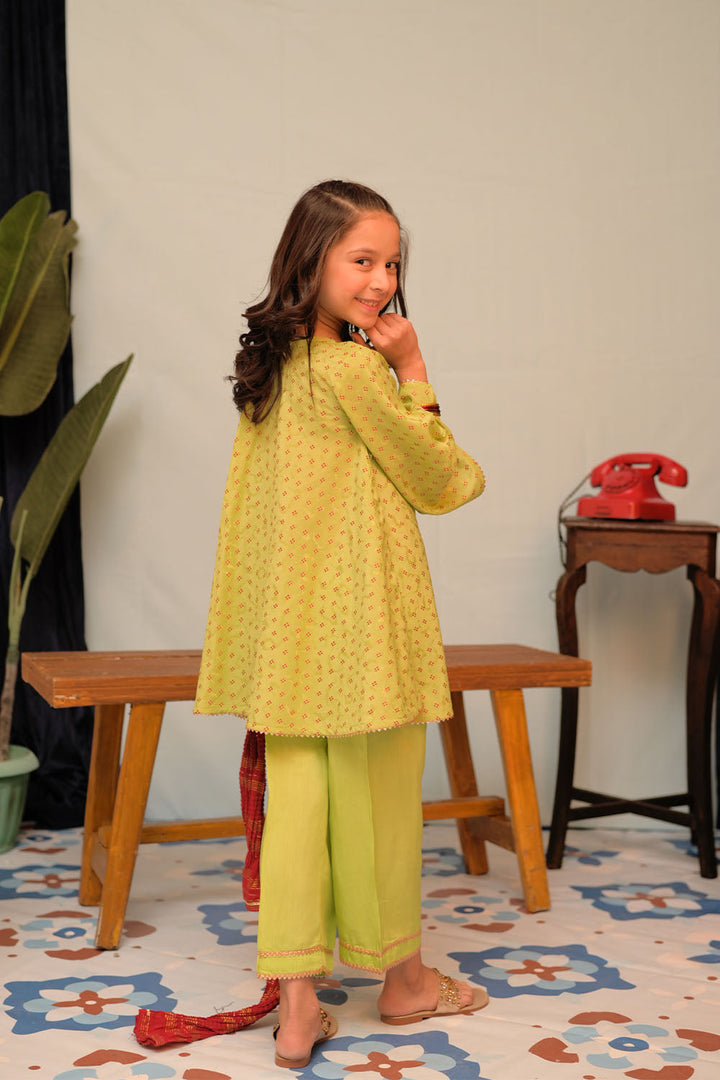 Senorita Kids RTW Parrot Green and Multicolor Casual Plus 3 Piece Suit Viscose Filament Jacquard KBD-02916 - Summer Collection