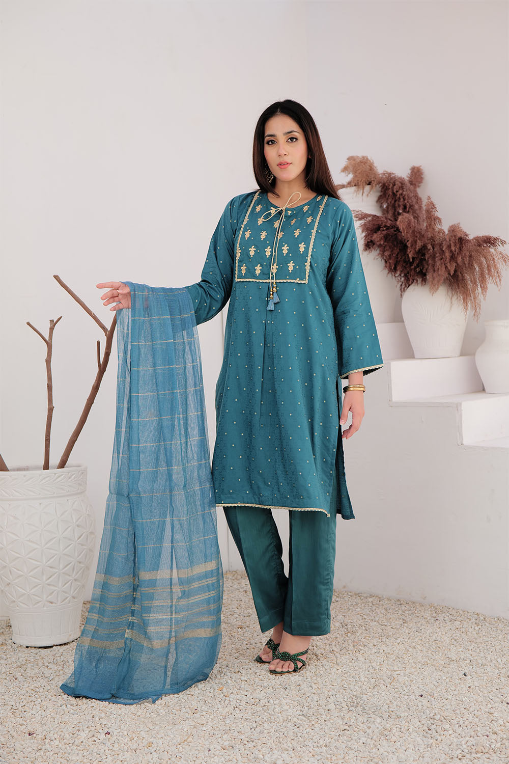 Senorita Women RTW Women Solids Turqouise Green and Gold Casual Plus 3 Piece Suit Cotton Viscose Filament Jacquard LBD-02709 - Winter Collection