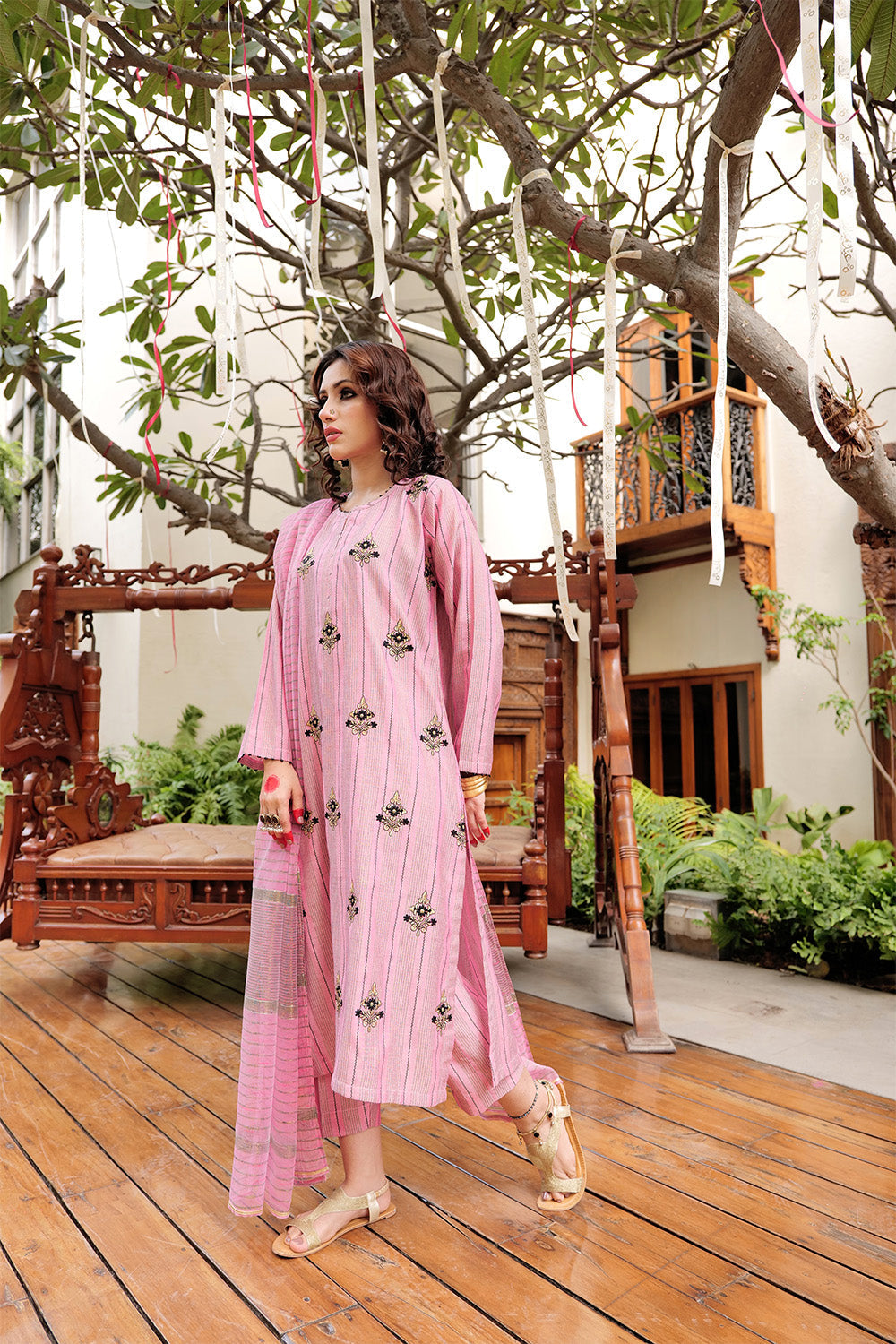 LBD-02561 | Pink & Black | Casual plus 3 Piece Suit  | Cotton Yarn dyed Jacquard