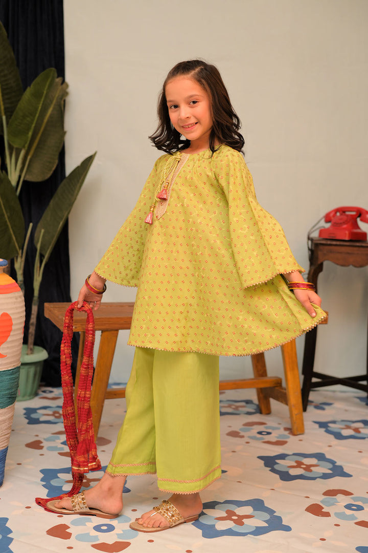 Senorita Kids RTW Parrot Green and Multicolor Casual Plus 3 Piece Suit Viscose Filament Jacquard KBD-02916 - Summer Collection