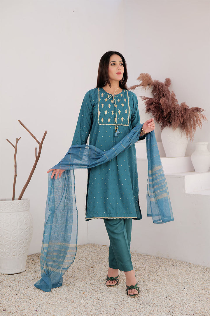 Senorita Women RTW Women Solids Turqouise Green and Gold Casual Plus 3 Piece Suit Cotton Viscose Filament Jacquard LBD-02709 - Winter Collection