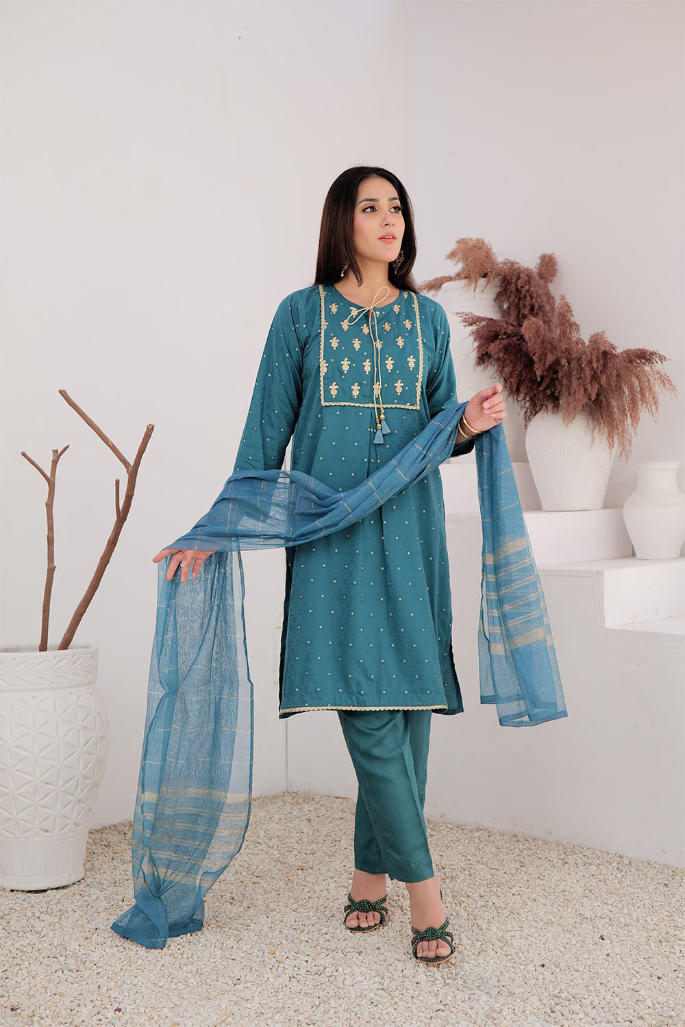 Senorita Women RTW Women Solids Turqouise Green and Gold Casual Plus 3 Piece Suit Cotton Viscose Filament Jacquard LBD-02709 - Winter Collection