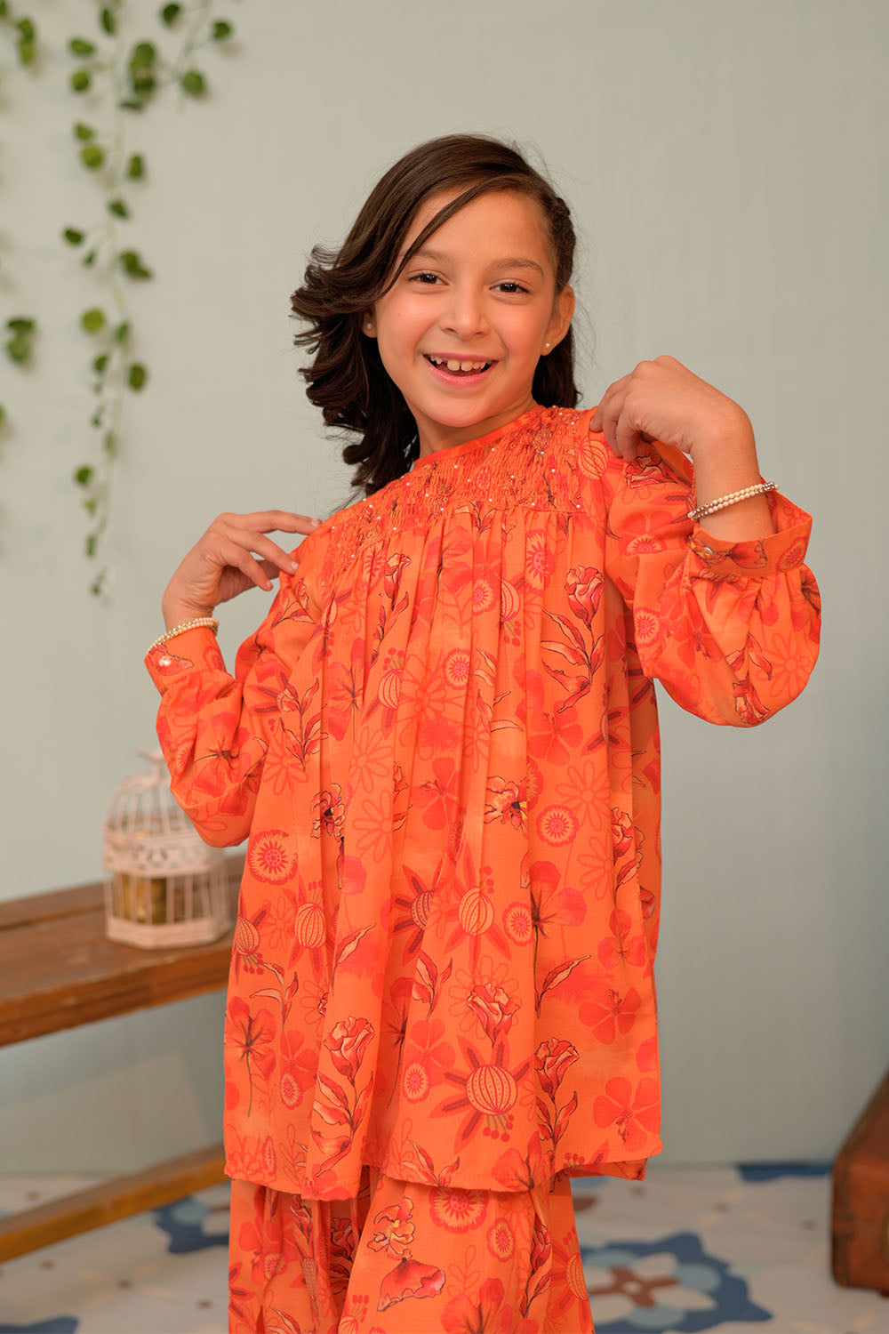 Senorita Kids RTW Orange and Multicolor Casual 2 Piece Suit Polyester Swiss Lawn KAC-02959 - Summer Collection