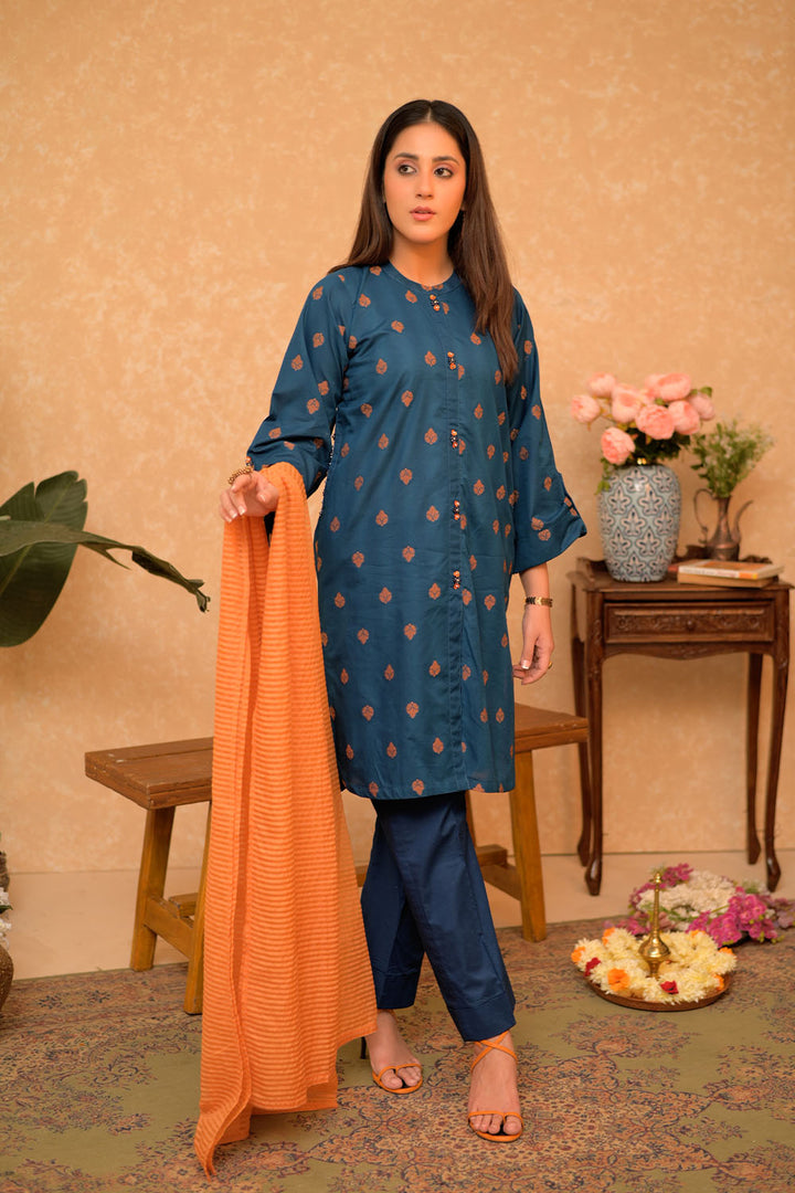 Senorita Women RTW Women Printed Blue and Orange Casual 3 Piece Suit Cotton Jacquard LAD-02919 - Summer Collection