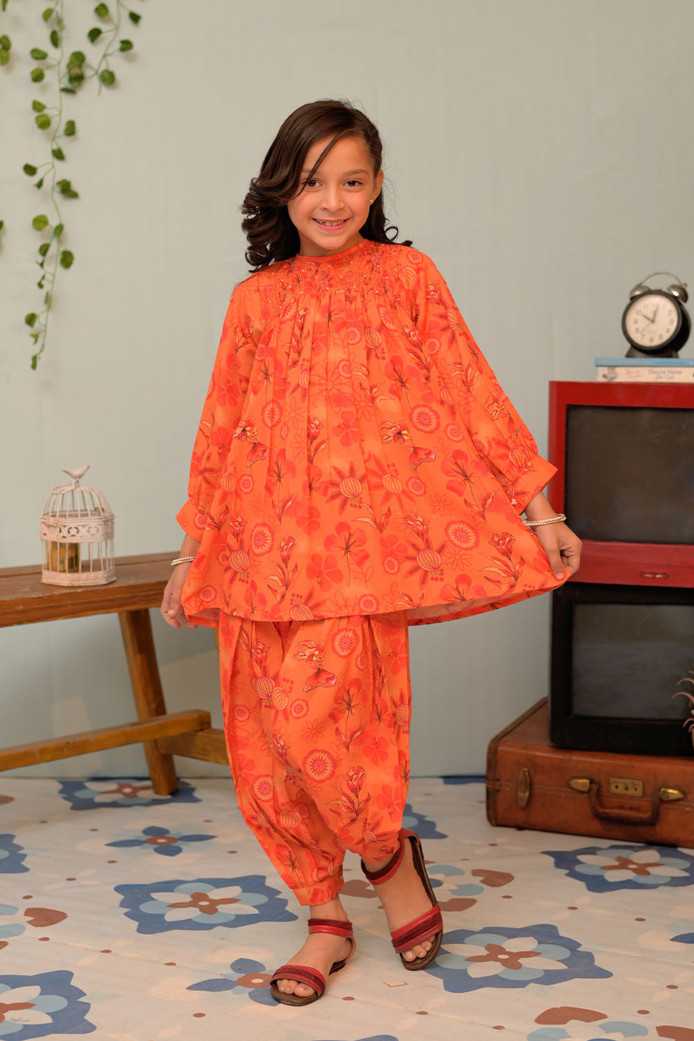 Senorita Kids RTW Orange and Multicolor Casual 2 Piece Suit Polyester Swiss Lawn KAC-02959 - Summer Collection