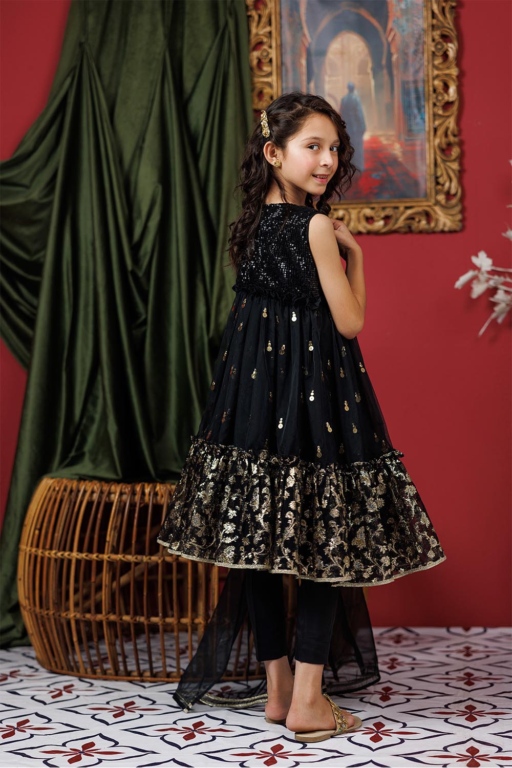 Senorita Kids RTW Black and Gold Formal 3 Piece Suit Polyester Organza Jacquard KDD-03019 - Summer Collection