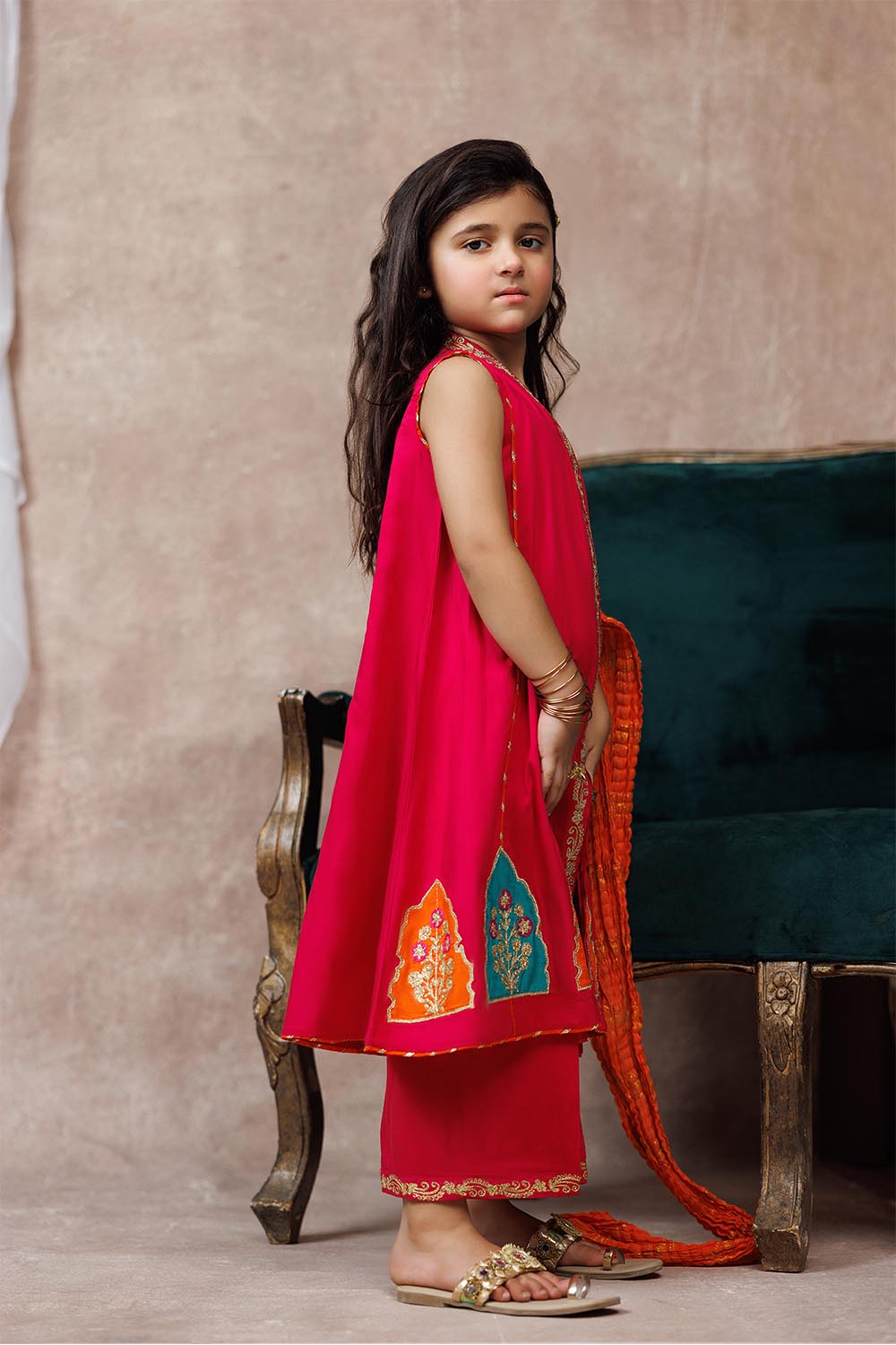 Senorita Kids RTW Shocking Pink and Multicolor Formal 3 Piece Suit Viscose Raw-Silk KDD-03107 - Summer Collection