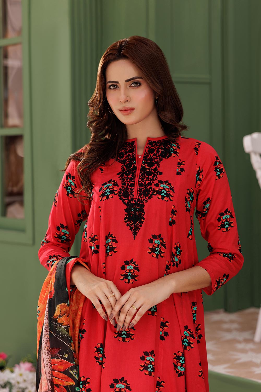 Senorita Women RTW Women Red and Multicolor Casual 3 Piece Suit Cotton Lawn Printed LAD-03013 - Summer Collection
