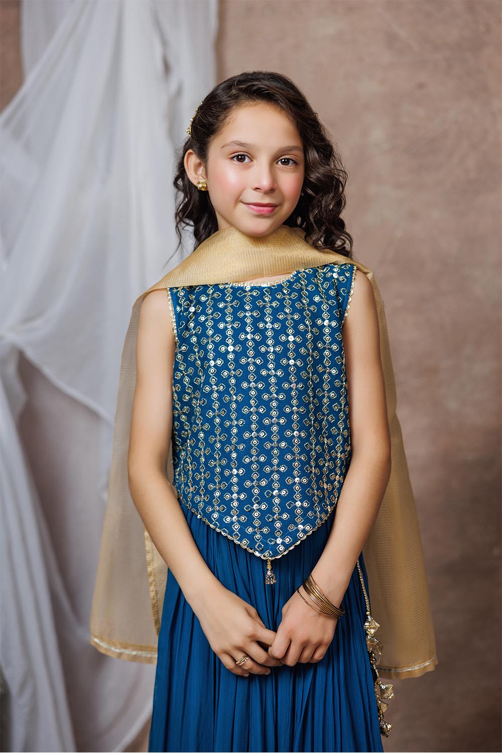 Senorita Kids RTW Kids formal clothes Turquoise Blue and Golden Formal 3 Piece Suit Viscose Crinkle Chiffon KDD-03065 - Summer Collection