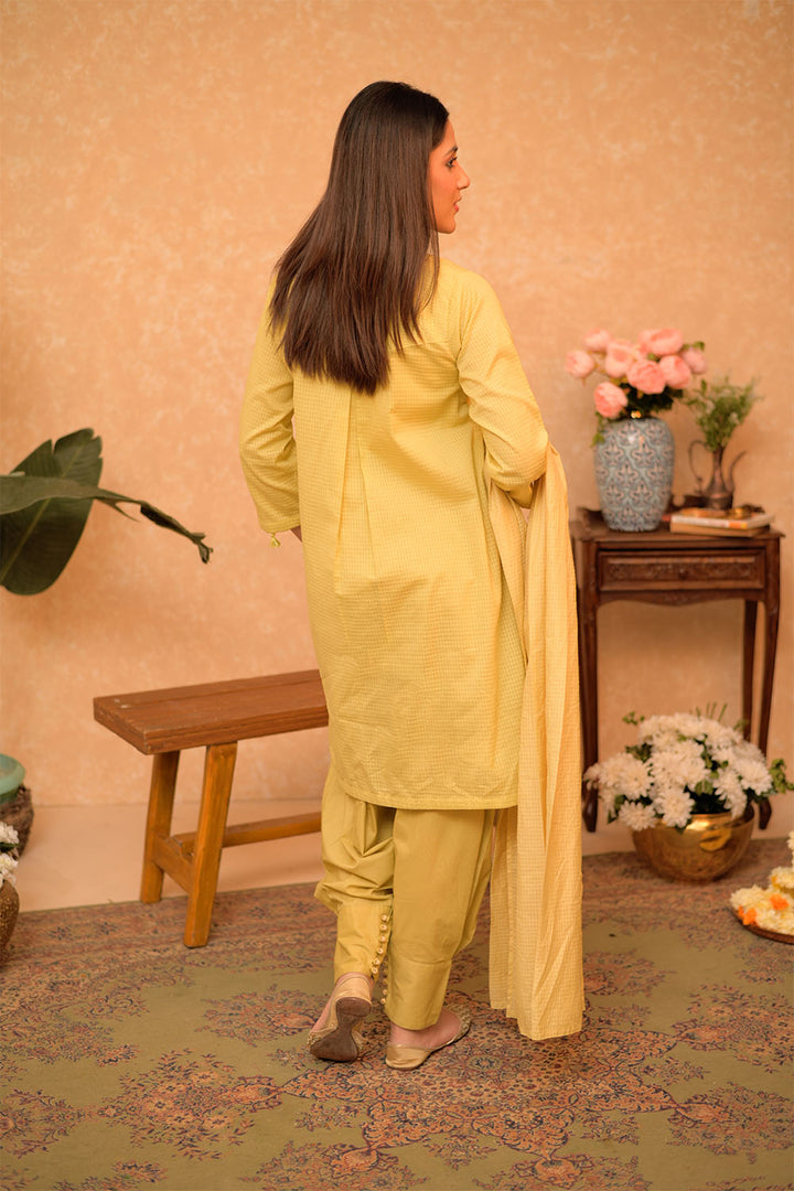 Senorita Women RTW Women Printed Parrot Green Casual 3 Piece Suit Cotton Dobby Self LAD-02875 - Summer Collection