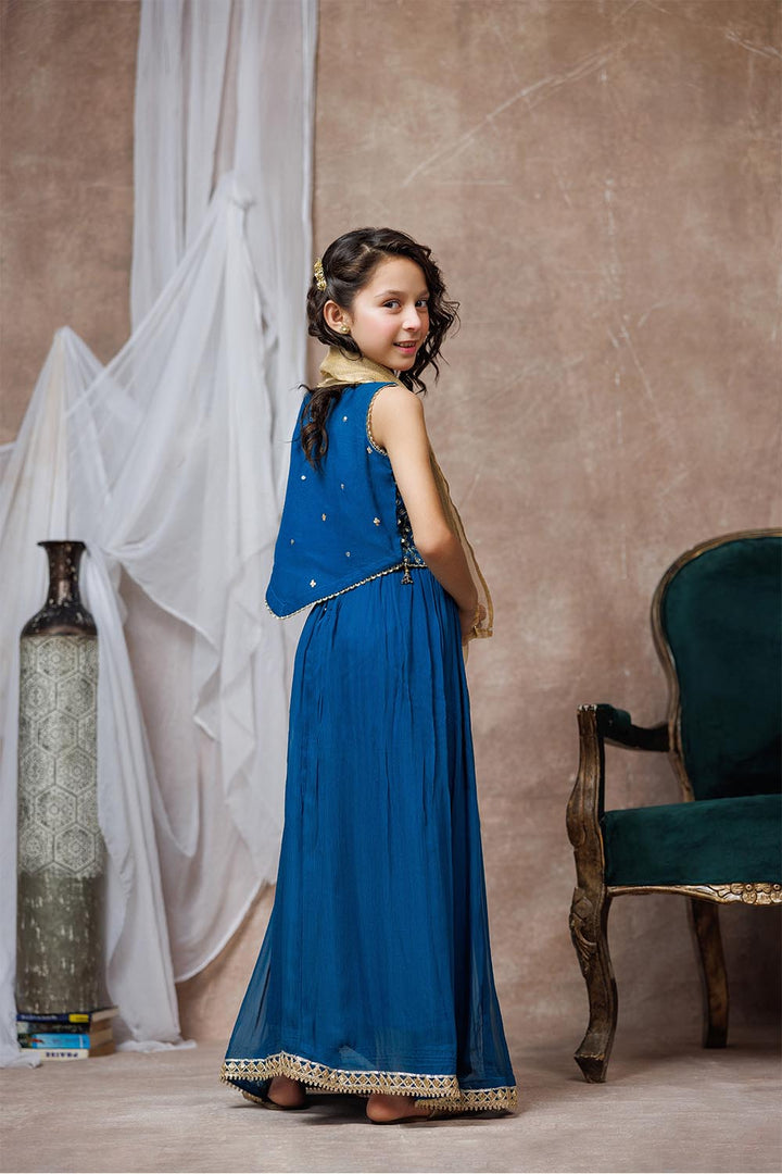 Senorita Kids RTW Kids formal clothes Turquoise Blue and Golden Formal 3 Piece Suit Viscose Crinkle Chiffon KDD-03065 - Summer Collection