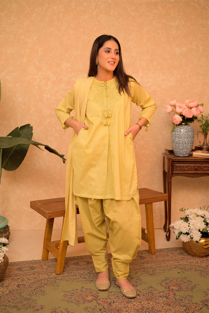 Senorita Women RTW Women Printed Parrot Green Casual 3 Piece Suit Cotton Dobby Self LAD-02875 - Summer Collection