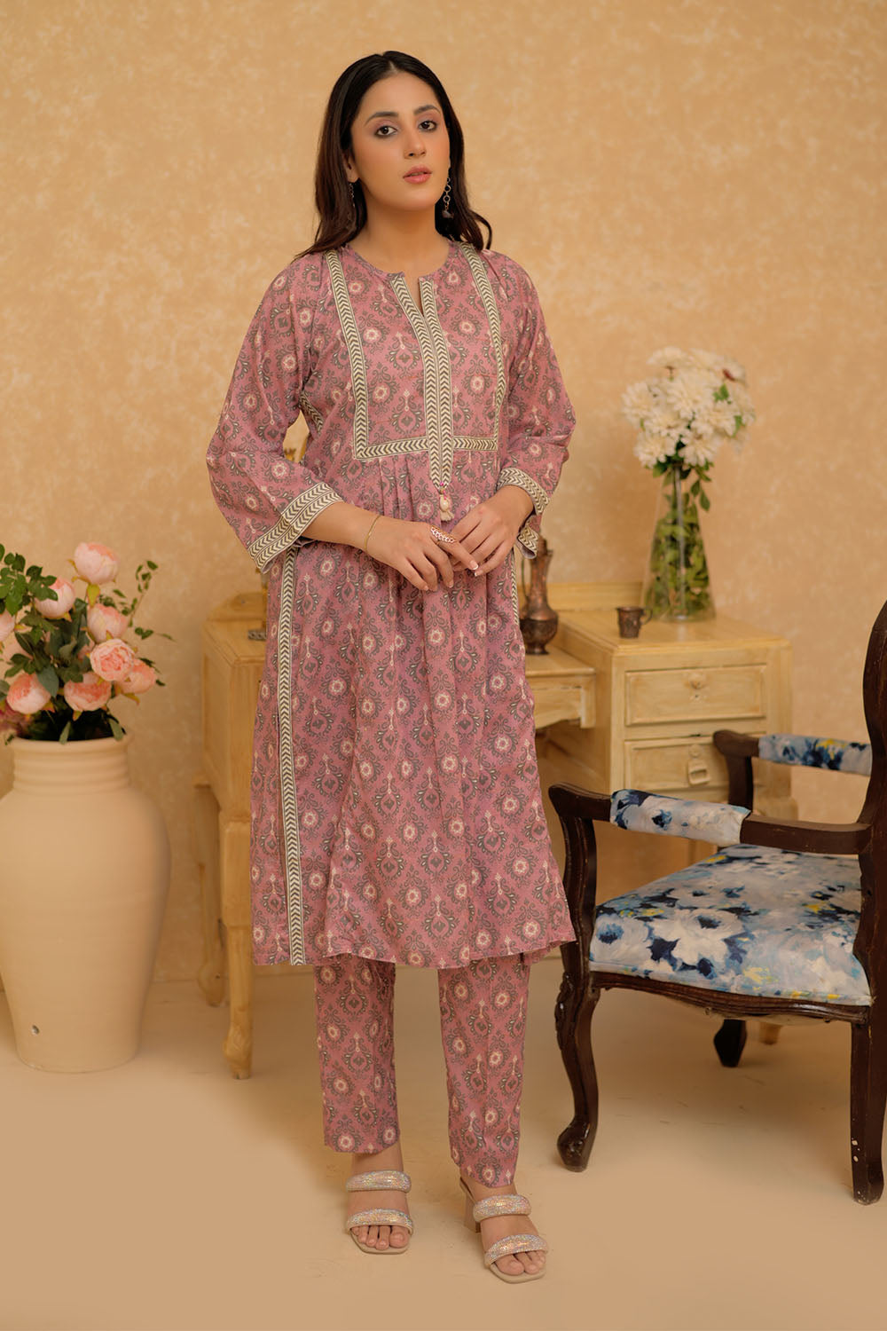 Senorita Women RTW Women Tea Pink and Multicolor Casual 2 Piece Suit Cotton Dobby Printed LAC-02834 - Summer Collection