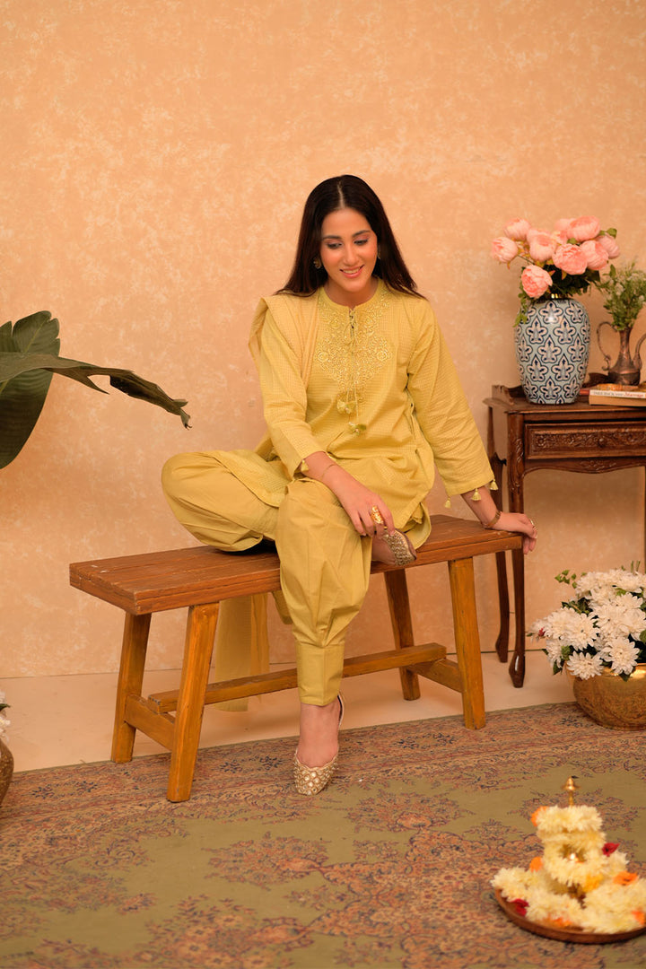 Senorita Women RTW Women Printed Parrot Green Casual 3 Piece Suit Cotton Dobby Self LAD-02875 - Summer Collection