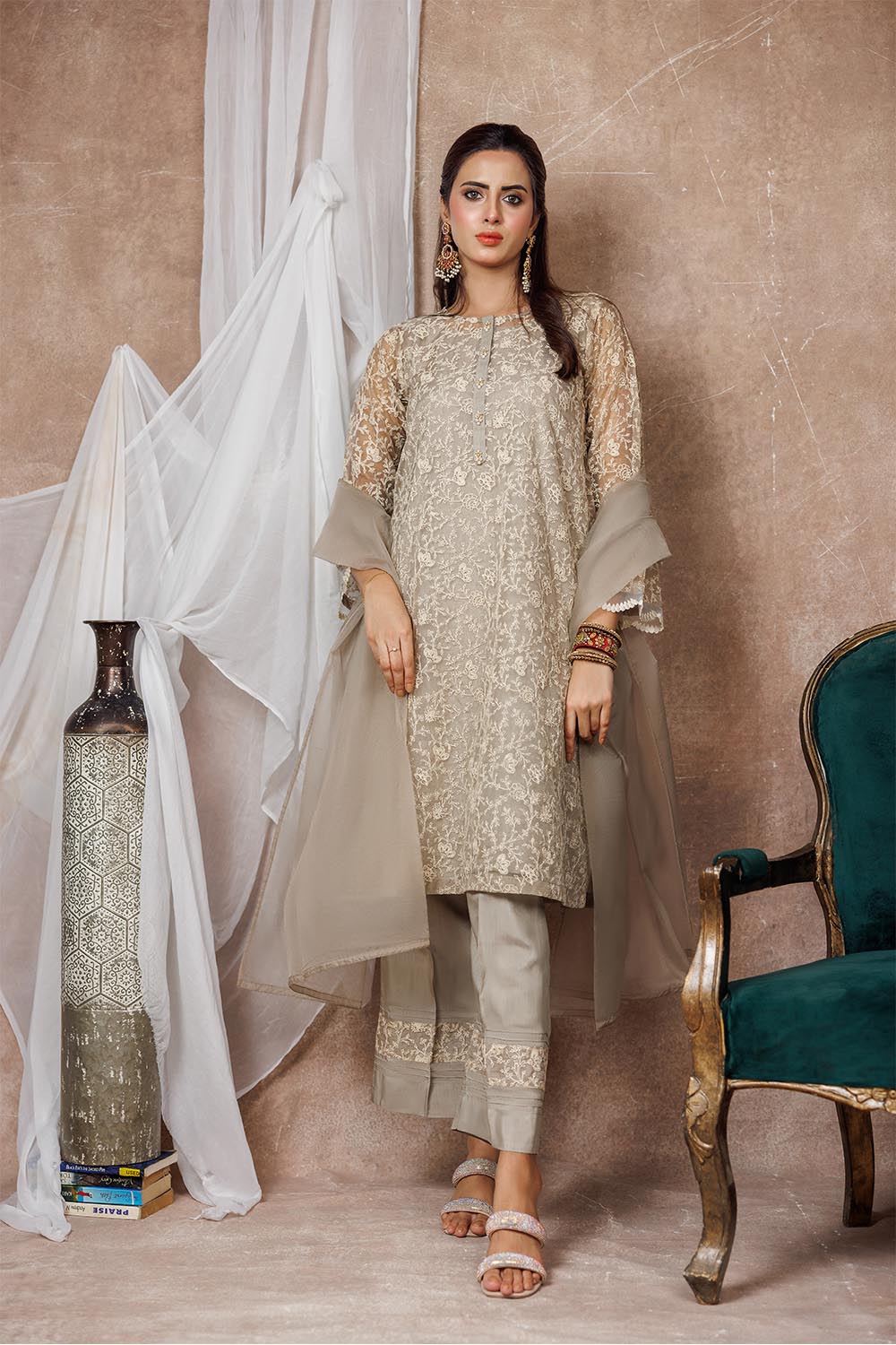 Senorita Women RTW Women Solids Beige and Fawn Formal 3 Piece Suit Banarsi Organza Plain Nylon LDD-03094 - Winter Collection