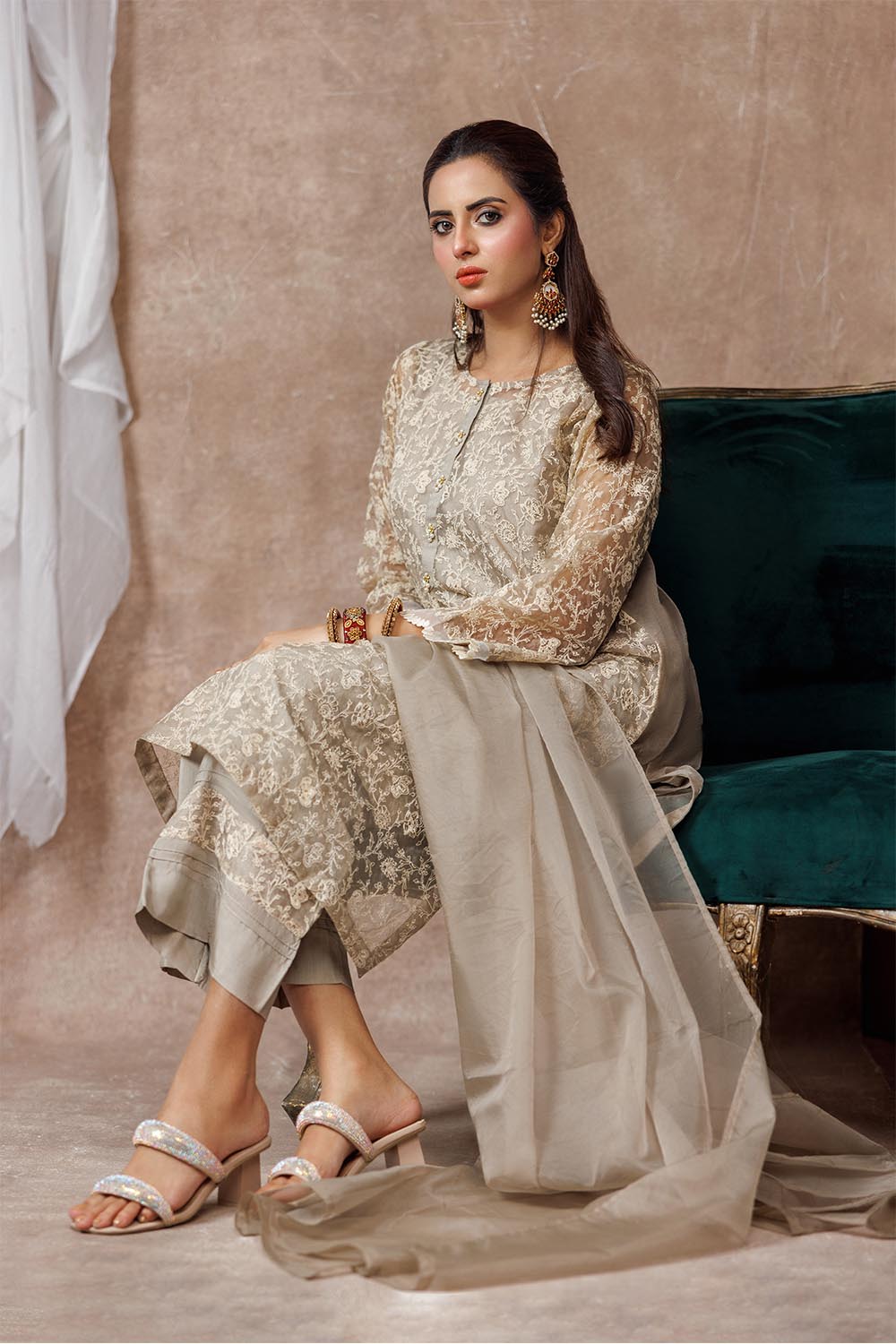 Senorita Women RTW Women Solids Beige and Fawn Formal 3 Piece Suit Banarsi Organza Plain Nylon LDD-03094 - Winter Collection