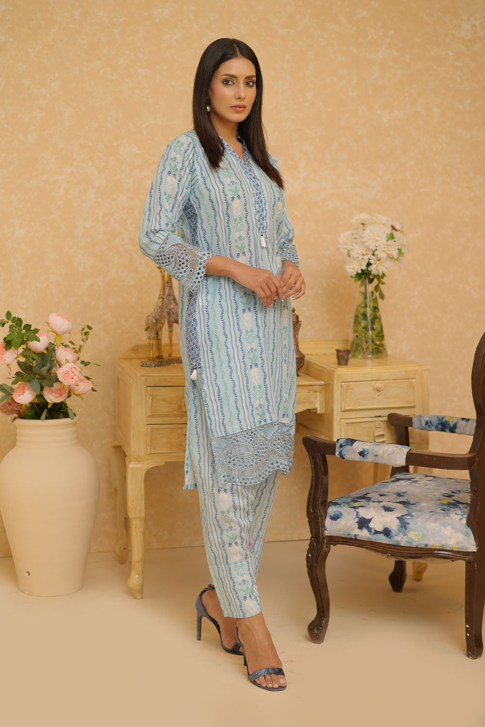 Senorita Women RTW Women Light Blue and Multicolor Casual 2 Piece Suit Cotton Dobby Printed LAC-02835 - Summer Collection