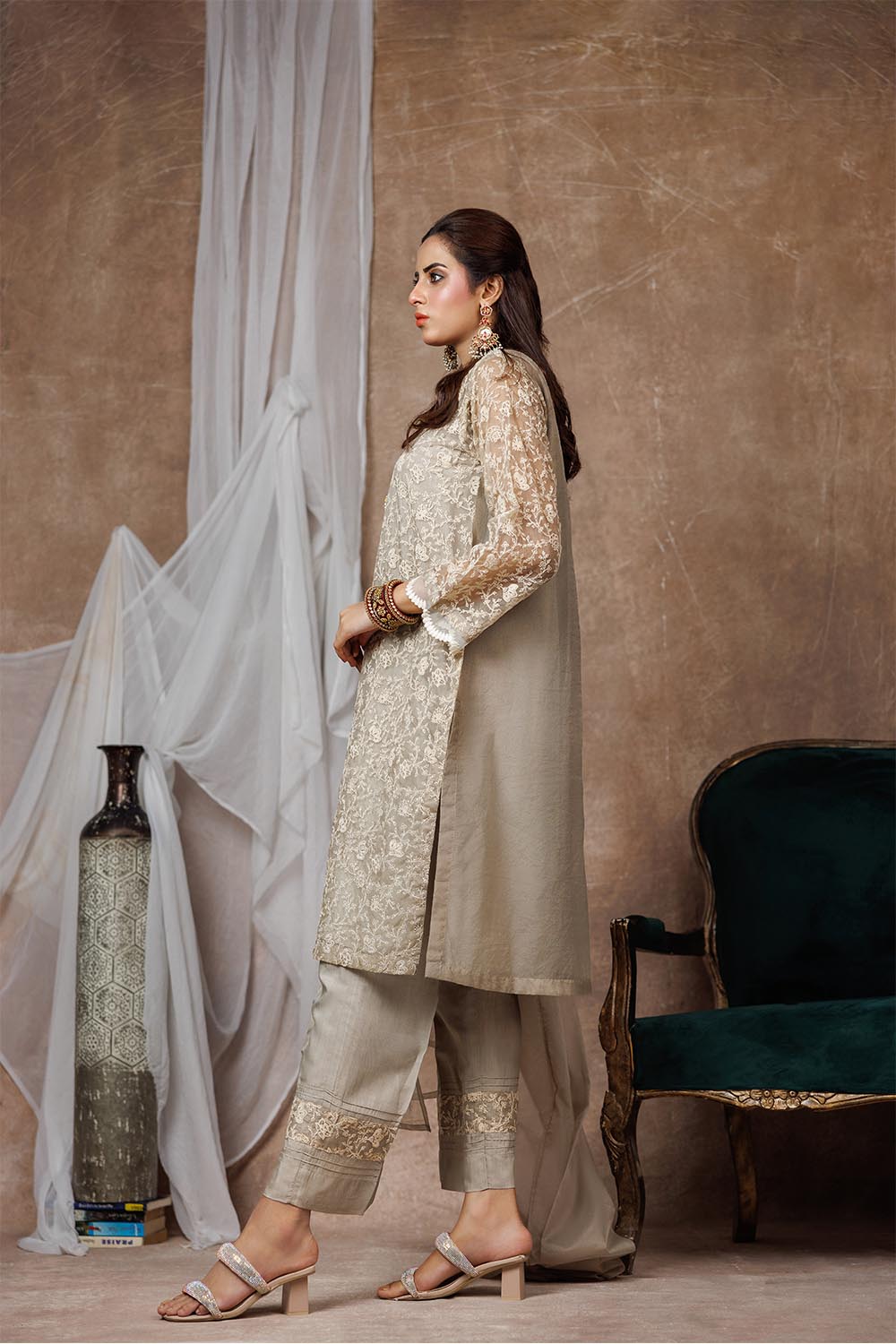 Senorita Women RTW Women Solids Beige and Fawn Formal 3 Piece Suit Banarsi Organza Plain Nylon LDD-03094 - Winter Collection
