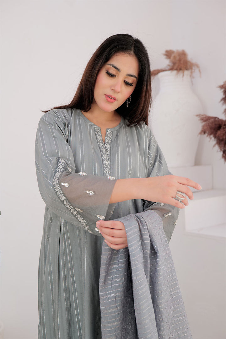 Senorita Women RTW Women Solids Grey and Silver Casual Plus 3 Piece Suit Cotton Dobby Jacquard LBD-02896 - Winter Collection